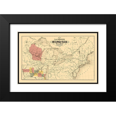 La Crosse and Milwaukee Railroad - Colton 1855 Black Modern Wood Framed Art Print with Double Matting by Colton