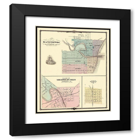 Manitowoc, Sheboygan Falls Wisconsin - Snyder 1878 Black Modern Wood Framed Art Print with Double Matting by Snyder