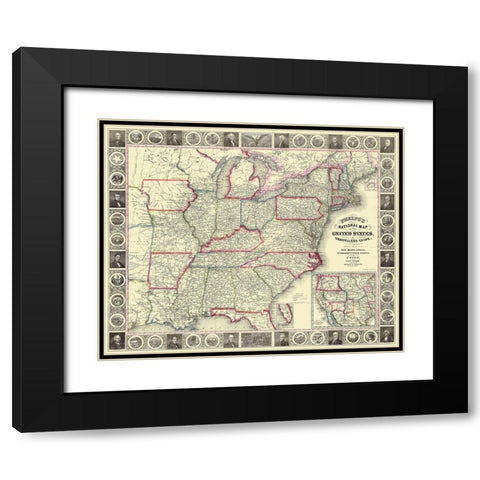 United States, U.S.A. Travellers Guide - 1852 Black Modern Wood Framed Art Print with Double Matting by Phelps