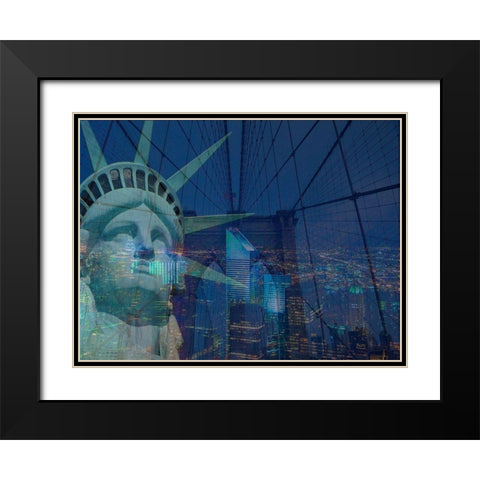 New York City Night Black Modern Wood Framed Art Print with Double Matting by Simons