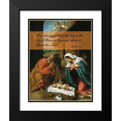 Bible Verse Quote Luke 2:11, Lorenzo Lotto - Nativity of Christ Black Modern Wood Framed Art Print with Double Matting by ArtsyQuotes