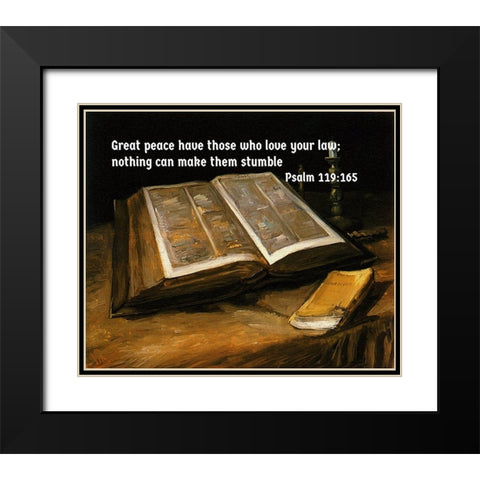 Bible Verse Quote Psalm 119:165, Vincent van Gogh - Still Life with Bible Black Modern Wood Framed Art Print with Double Matting by ArtsyQuotes