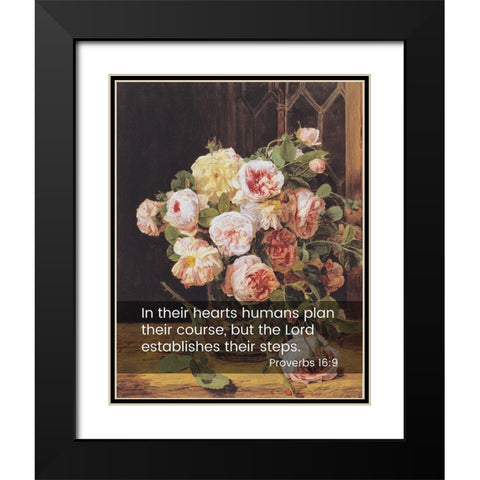 Bible Verse Quote Proverbs 16:9, Ferdinand Georg Waldmuller - Rose Bouquet at the Window Black Modern Wood Framed Art Print with Double Matting by ArtsyQuotes