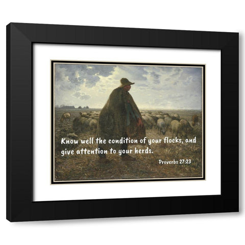 Bible Verse Quote Proverbs 27:23, Jean-Francois Millet - Shepherd Tending his Flock ll Black Modern Wood Framed Art Print with Double Matting by ArtsyQuotes