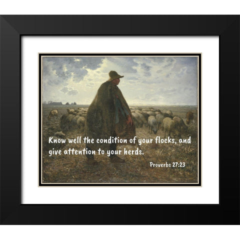 Bible Verse Quote Proverbs 27:23, Jean-Francois Millet - Shepherd Tending his Flock ll Black Modern Wood Framed Art Print with Double Matting by ArtsyQuotes