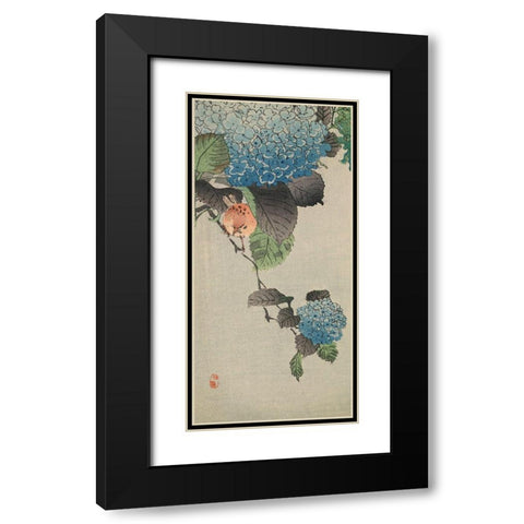 Small bird and hydrangea Black Modern Wood Framed Art Print with Double Matting by Unknown