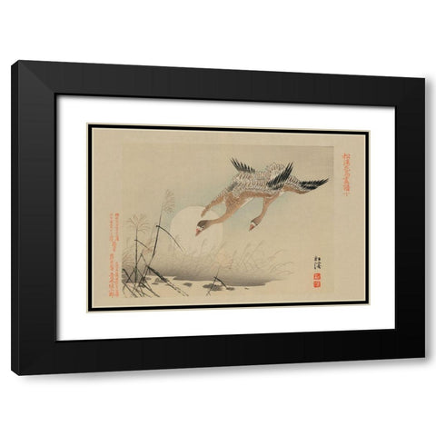 Flying Cranes Black Modern Wood Framed Art Print with Double Matting by Unknown