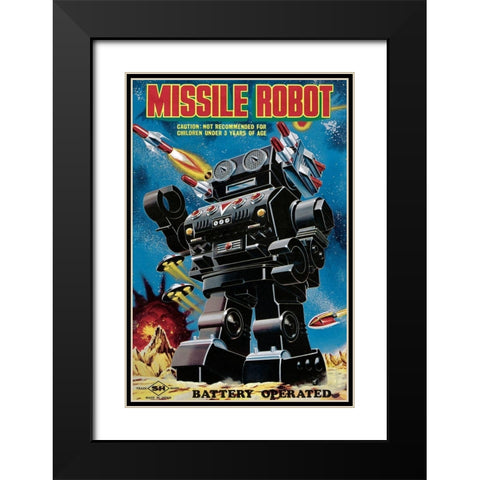 Missile Robot Black Modern Wood Framed Art Print with Double Matting by Retrobot