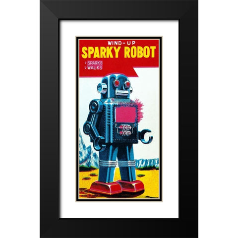 Sparky Robot Black Modern Wood Framed Art Print with Double Matting by Retrobot