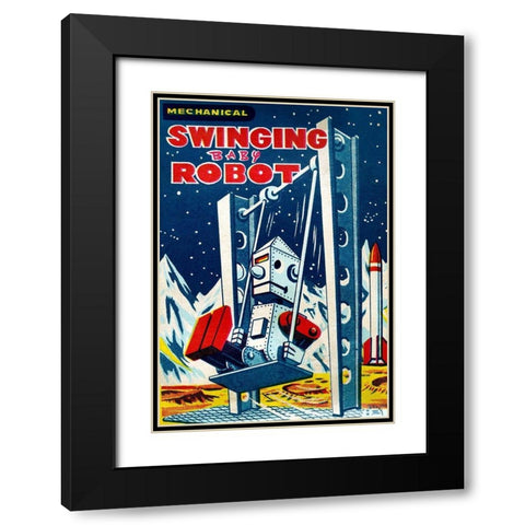 Swinging Baby Robot Black Modern Wood Framed Art Print with Double Matting by Retrobot