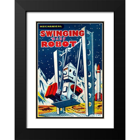 Swinging Baby Robot Black Modern Wood Framed Art Print with Double Matting by Retrobot