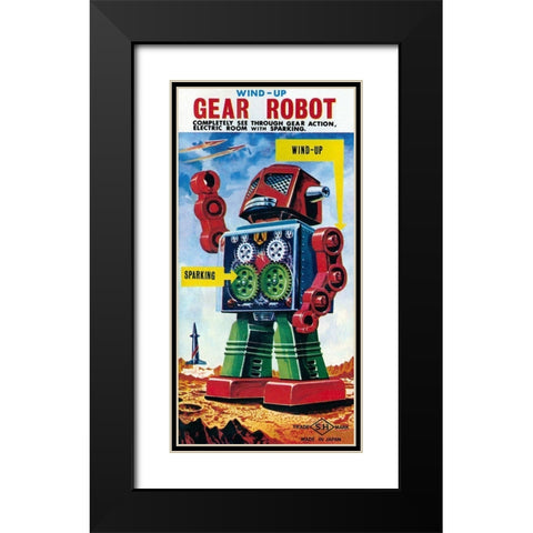 Wind-up Gear Robot Black Modern Wood Framed Art Print with Double Matting by Retrobot