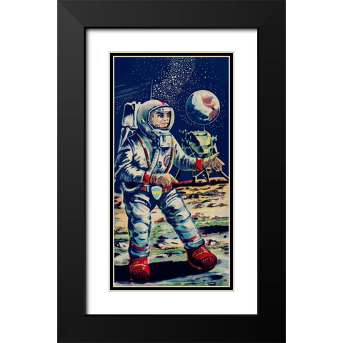 Moon Astronaut Black Modern Wood Framed Art Print with Double Matting by Retrobot