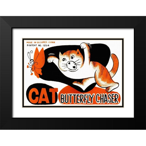 Cat Butterfly Chaser Black Modern Wood Framed Art Print with Double Matting by Unknown