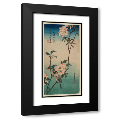 Small bird on a branch of Kaidozakura Black Modern Wood Framed Art Print with Double Matting by Hiroshige, Ando
