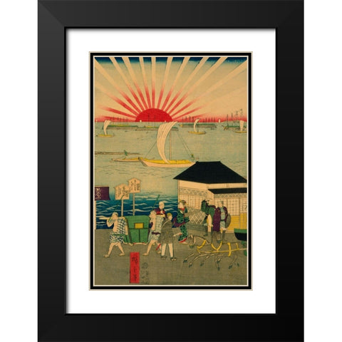 Famous places in Tokyo: real view of Takanawa #2 Featuring the Rising Sun. Black Modern Wood Framed Art Print with Double Matting by Hiroshige, Utagawa