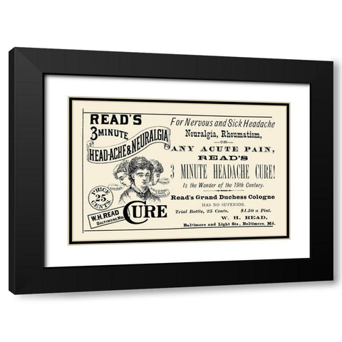 Reads 3 minute Head-Ache and Neuralgia Cure Black Modern Wood Framed Art Print with Double Matting by Advertisement