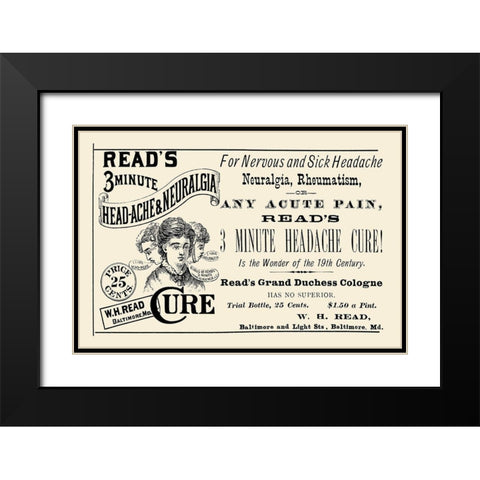 Reads 3 minute Head-Ache and Neuralgia Cure Black Modern Wood Framed Art Print with Double Matting by Advertisement