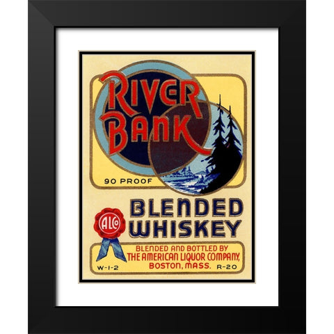 River Bank Blended Whiskey Black Modern Wood Framed Art Print with Double Matting by Vintage Booze Labels