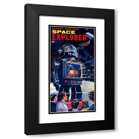 Space Explorer Robot Black Modern Wood Framed Art Print with Double Matting by Retrobot