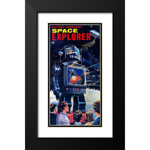 Space Explorer Robot Black Modern Wood Framed Art Print with Double Matting by Retrobot