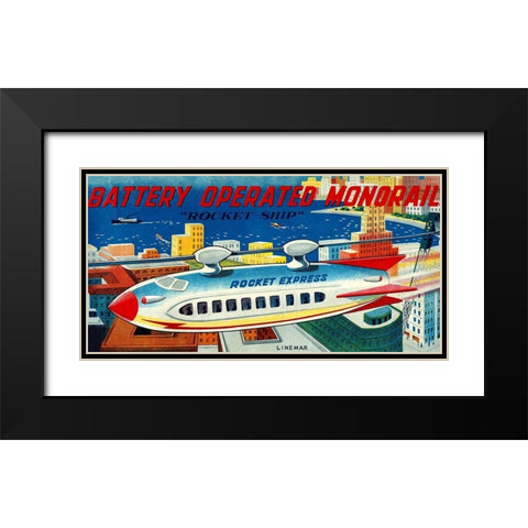 Battery Operated Monorail - Rocket Ship Black Modern Wood Framed Art Print with Double Matting by Retrorocket