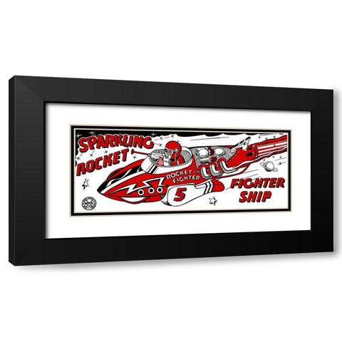Sparkling Rocket Fighter Ship Black Modern Wood Framed Art Print with Double Matting by Retrorocket