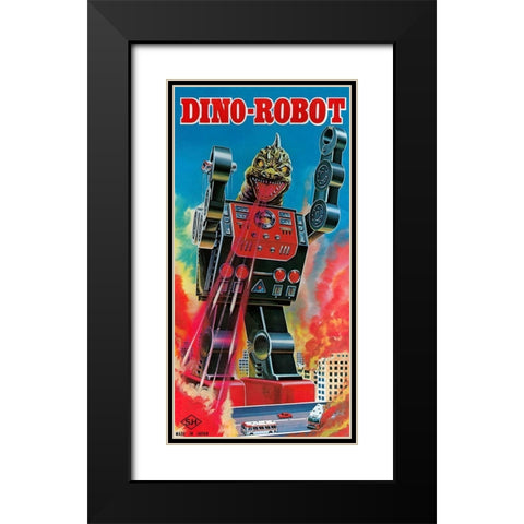 Dino-Robot Black Modern Wood Framed Art Print with Double Matting by Retrobot