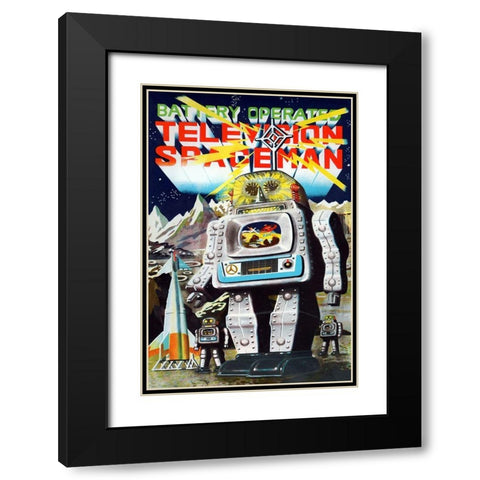 Battery Operated Television Spaceman Black Modern Wood Framed Art Print with Double Matting by Retrobot