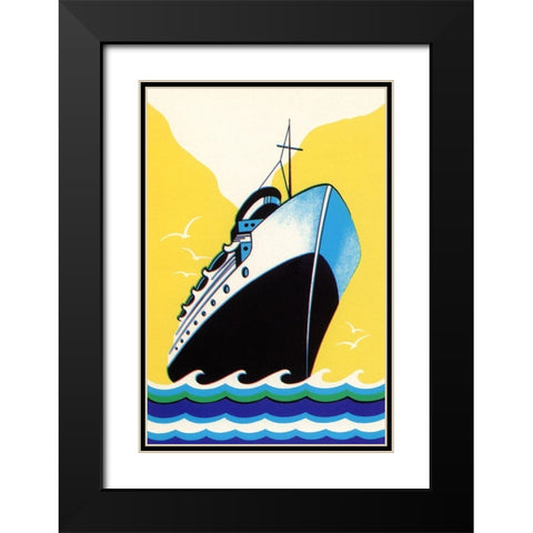 Steamship Cruise liner Boom Label Black Modern Wood Framed Art Print with Double Matting by Retrotravel