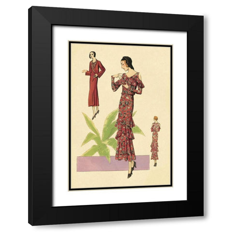 Party Dress with Ruffles and Flowers Black Modern Wood Framed Art Print with Double Matting by Vintage Fashion