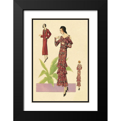 Party Dress with Ruffles and Flowers Black Modern Wood Framed Art Print with Double Matting by Vintage Fashion