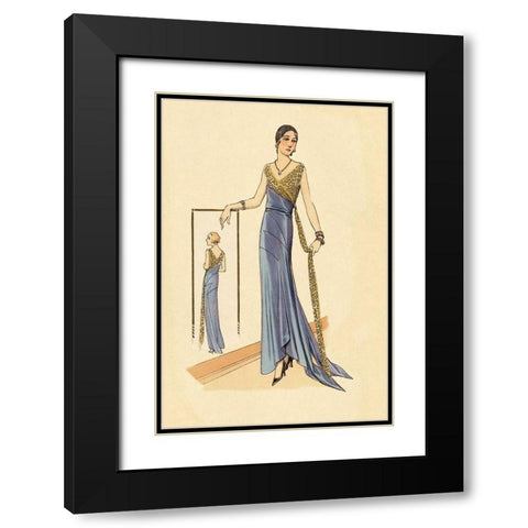 Evening Gown in Blue and Gold Black Modern Wood Framed Art Print with Double Matting by Vintage Fashion