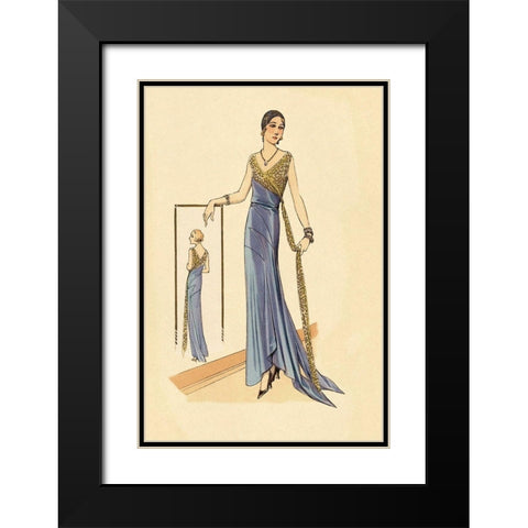 Evening Gown in Blue and Gold Black Modern Wood Framed Art Print with Double Matting by Vintage Fashion