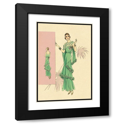 Playful Green Evening Gown Black Modern Wood Framed Art Print with Double Matting by Vintage Fashion