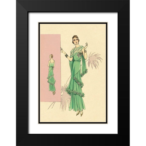 Playful Green Evening Gown Black Modern Wood Framed Art Print with Double Matting by Vintage Fashion