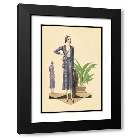 Blue Checkered Suit with Stole and Gloves Black Modern Wood Framed Art Print with Double Matting by Vintage Fashion