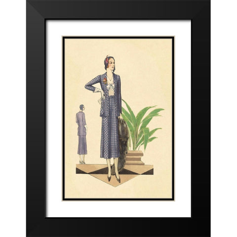 Blue Checkered Suit with Stole and Gloves Black Modern Wood Framed Art Print with Double Matting by Vintage Fashion