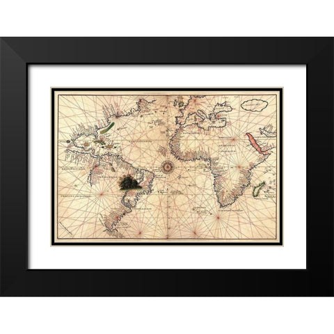 Portolan World Map Black Modern Wood Framed Art Print with Double Matting by Oliva, Joan