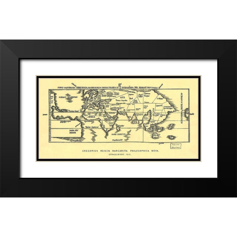 Early World Map Black Modern Wood Framed Art Print with Double Matting by Reisch, Gregor