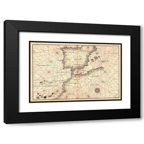 Portolan or Navigational Map of the Spain, Gibraltar and North Africa Black Modern Wood Framed Art Print with Double Matting by Agnese, Battista