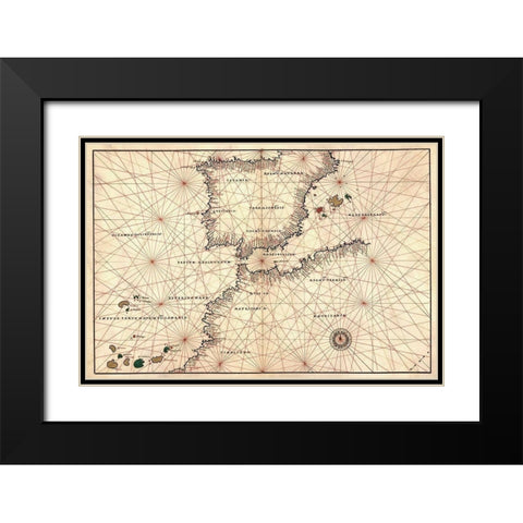 Portolan or Navigational Map of the Spain, Gibraltar and North Africa Black Modern Wood Framed Art Print with Double Matting by Agnese, Battista