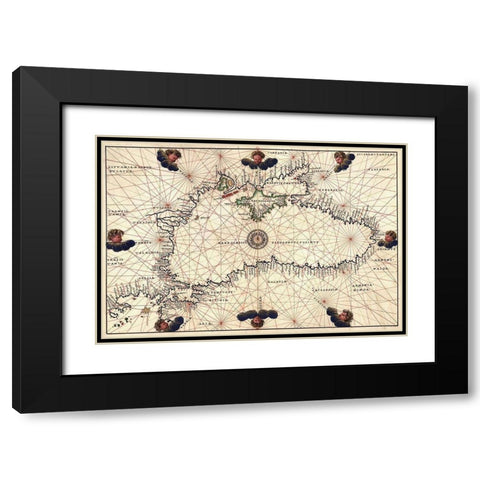 Portolan or Navigational Map of the Black Sea showing anthropomorphic winds Black Modern Wood Framed Art Print with Double Matting by Agnese, Battista