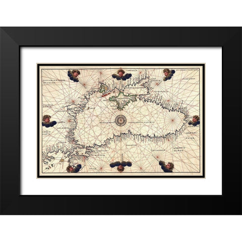 Portolan or Navigational Map of the Black Sea showing anthropomorphic winds Black Modern Wood Framed Art Print with Double Matting by Agnese, Battista