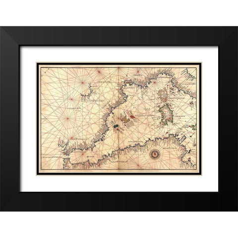 Portolan or Navigational Map of the Western Mediterranean from Gibraltar to Piedmont and Sardinia Black Modern Wood Framed Art Print with Double Matting by Agnese, Battista