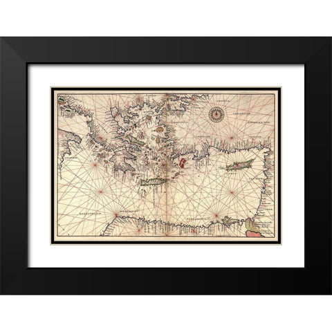 Portolan or Navigational Map of Greece, the Mediterranean and the Levant Black Modern Wood Framed Art Print with Double Matting by Agnese, Battista