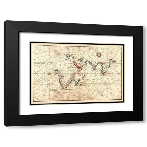 Portolan Map of Africa, the Indian Ocean and the Indian Subcontinent Black Modern Wood Framed Art Print with Double Matting by Agnese, Battista