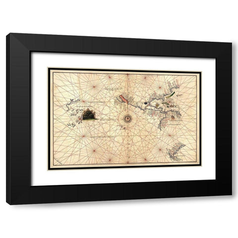 Portolan Map of the Western Hemisphere showing what will become the United States, Panama and a port Black Modern Wood Framed Art Print with Double Matting by Agnese, Battista