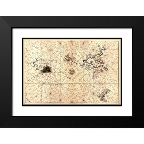 Portolan Map of the Western Hemisphere showing what will become the United States, Panama and a port Black Modern Wood Framed Art Print with Double Matting by Agnese, Battista