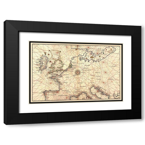 Portolan Map of Spain, England, France, Germany, The British Isles Black Modern Wood Framed Art Print with Double Matting by Agnese, Battista